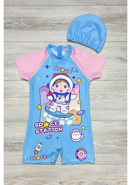 Çizgi Film Desenli Fermuarlı Boneli Kız Çocuk Mayosu