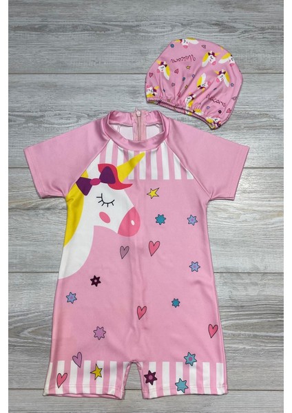 Çizgi Film Desenli Fermuarlı Boneli Kız Çocuk Mayosu