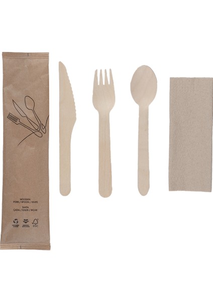 Tahta Çatal+Bıçak+Kaşık+Peçete Ikram Seti - 100 Adet