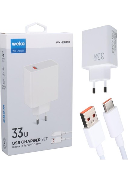 WK-27876 M11 Beyaz 33 Watt Turbo USB Şarj Başlık Adaptörü + Type-C Kablo
