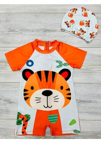 Çizgi Film Desenli Fermuarlı Boneli Erkek Çocuk Mayo Takımı