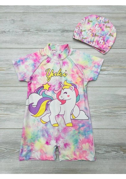 Kız Çocuk Tam Vücut Sırt Fermuarlı Mayo Sevimli Desen Baskılı Boneli Takım