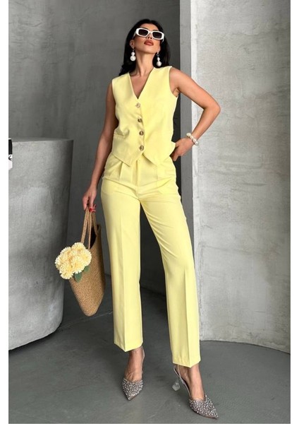 Kadın Alt Üst Takım Şık Gold Düğme Detaylı V Yaka Yelek Pantolon Takım
