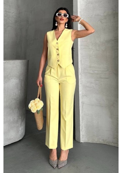 Kadın Alt Üst Takım Şık Gold Düğme Detaylı V Yaka Yelek Pantolon Takım fiyatları