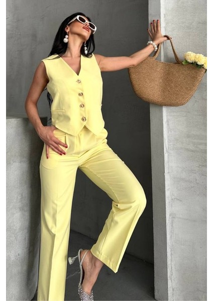 Kadın Alt Üst Takım Şık Gold Düğme Detaylı V Yaka Yelek Pantolon Takım modelleri