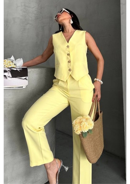 Kadın Alt Üst Takım Şık Gold Düğme Detaylı V Yaka Yelek Pantolon Takım fırsatları