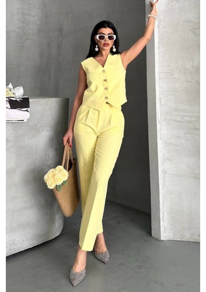 Kadın Alt Üst Takım Şık Gold Düğme Detaylı V Yaka Yelek Pantolon Takım indirimleri
