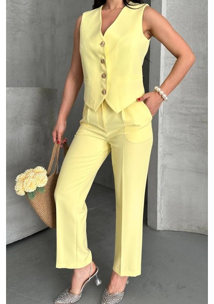 Kadın Alt Üst Takım Şık Gold Düğme Detaylı V Yaka Yelek Pantolon Takım
