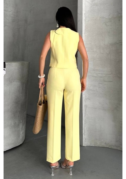 Kadın Alt Üst Takım Şık Gold Düğme Detaylı V Yaka Yelek Pantolon Takım