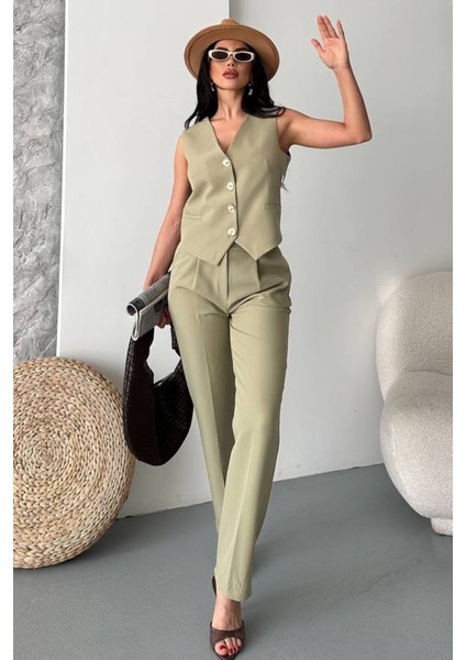 Kadın Alt Üst Takım Şık Gold Düğme Detaylı V Yaka Yelek Pantolon Takım