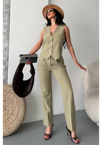 Kadın Alt Üst Takım Şık Gold Düğme Detaylı V Yaka Yelek Pantolon Takım fiyatları