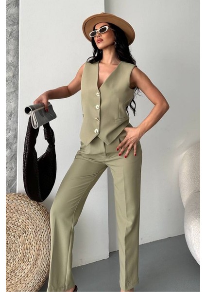 Kadın Alt Üst Takım Şık Gold Düğme Detaylı V Yaka Yelek Pantolon Takım modelleri