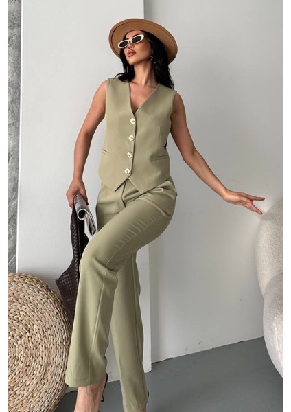 Kadın Alt Üst Takım Şık Gold Düğme Detaylı V Yaka Yelek Pantolon Takım fırsatları
