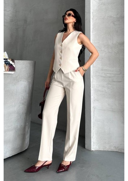 Kadın Alt Üst Takım Şık Gold Düğme Detaylı V Yaka Yelek Pantolon Takım fiyatları