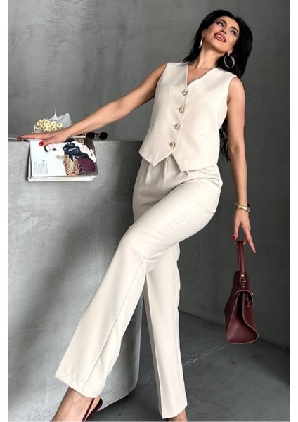 Kadın Alt Üst Takım Şık Gold Düğme Detaylı V Yaka Yelek Pantolon Takım modelleri