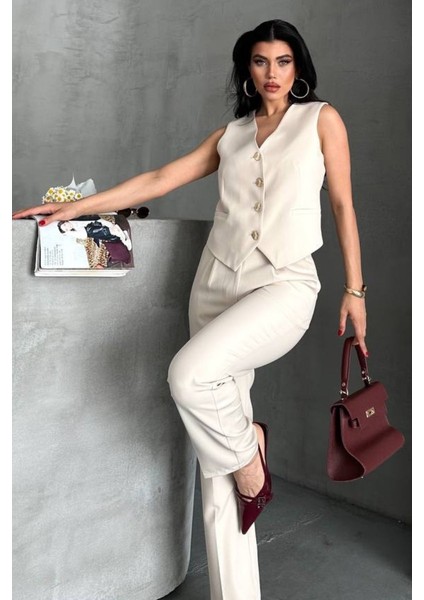 Kadın Alt Üst Takım Şık Gold Düğme Detaylı V Yaka Yelek Pantolon Takım fırsatları