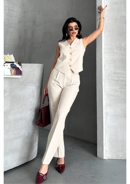 Kadın Alt Üst Takım Şık Gold Düğme Detaylı V Yaka Yelek Pantolon Takım indirimleri