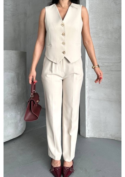 Kadın Alt Üst Takım Şık Gold Düğme Detaylı V Yaka Yelek Pantolon Takım