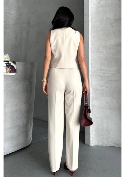 Kadın Alt Üst Takım Şık Gold Düğme Detaylı V Yaka Yelek Pantolon Takım
