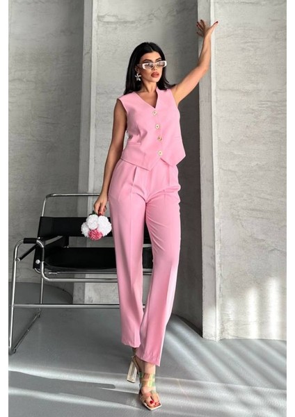 Kadın Alt Üst Takım Şık Gold Düğme Detaylı V Yaka Yelek Pantolon Takım