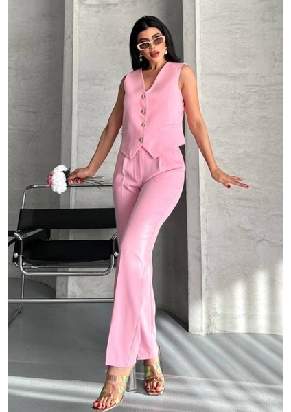 Kadın Alt Üst Takım Şık Gold Düğme Detaylı V Yaka Yelek Pantolon Takım fiyatları