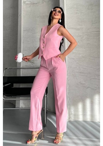 Kadın Alt Üst Takım Şık Gold Düğme Detaylı V Yaka Yelek Pantolon Takım modelleri