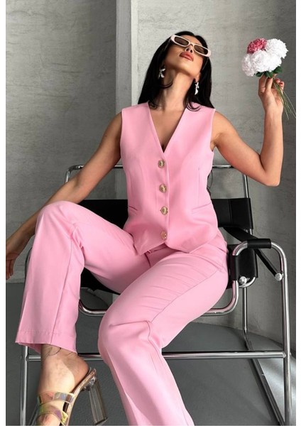 Kadın Alt Üst Takım Şık Gold Düğme Detaylı V Yaka Yelek Pantolon Takım fırsatları