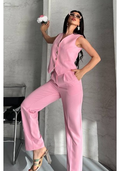 Kadın Alt Üst Takım Şık Gold Düğme Detaylı V Yaka Yelek Pantolon Takım indirimleri