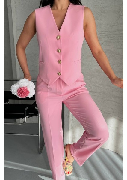 Kadın Alt Üst Takım Şık Gold Düğme Detaylı V Yaka Yelek Pantolon Takım