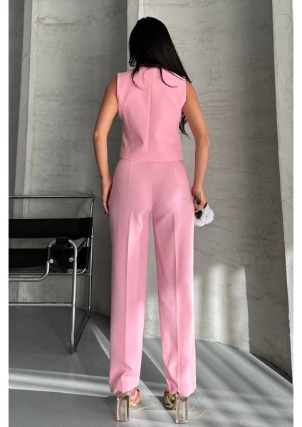 Kadın Alt Üst Takım Şık Gold Düğme Detaylı V Yaka Yelek Pantolon Takım