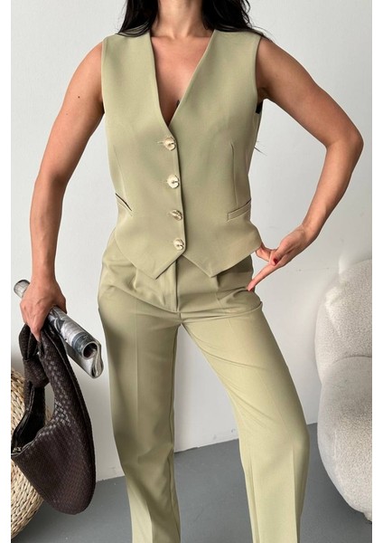Kadın Alt Üst Takım Şık Gold Düğme Detaylı V Yaka Yelek Pantolon Takım