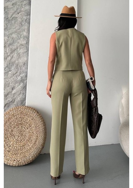 Kadın Alt Üst Takım Şık Gold Düğme Detaylı V Yaka Yelek Pantolon Takım