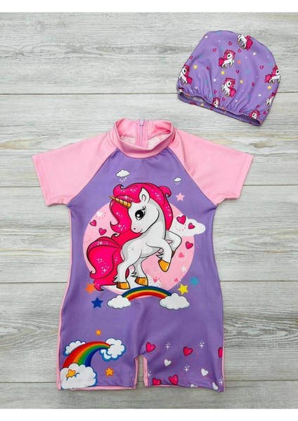 Kız Çocuk Tam Vücut Sırt Fermuarlı Mayo Sevimli Desen Baskılı Boneli Takım