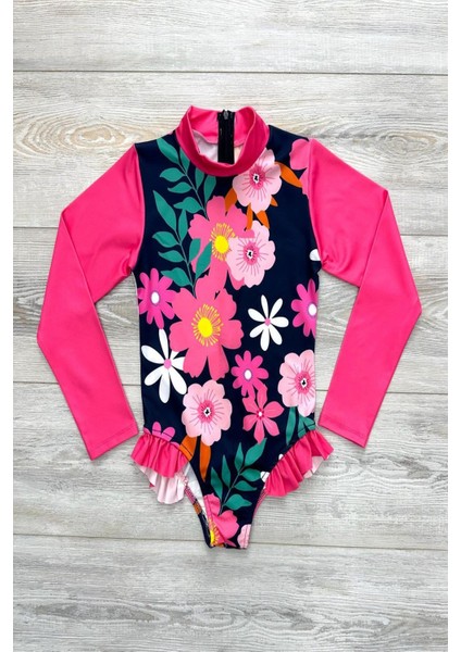 Fermuarlı Boneli Uzun Kol Kız Çocuk Mayo