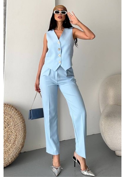 Kadın Alt Üst Takım Şık Gold Düğme Detaylı V Yaka Yelek Pantolon Takım