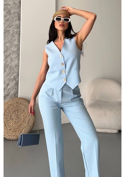 Kadın Alt Üst Takım Şık Gold Düğme Detaylı V Yaka Yelek Pantolon Takım fiyatları