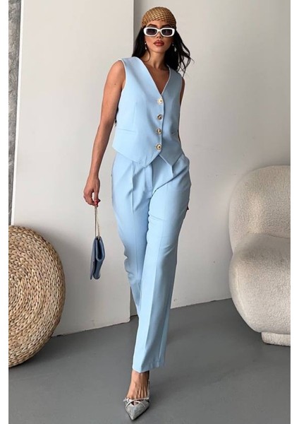 Kadın Alt Üst Takım Şık Gold Düğme Detaylı V Yaka Yelek Pantolon Takım modelleri
