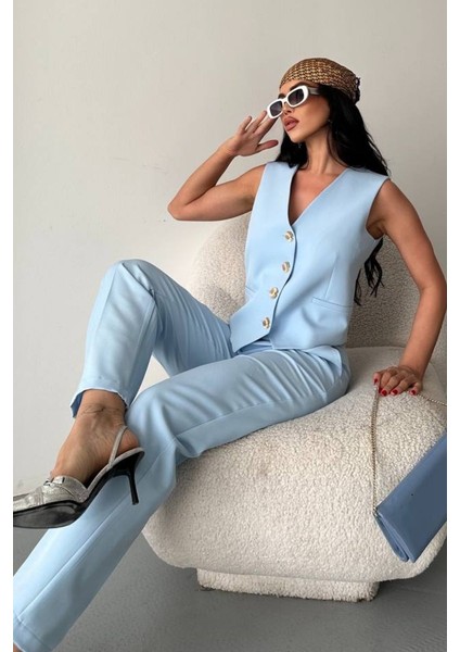 Kadın Alt Üst Takım Şık Gold Düğme Detaylı V Yaka Yelek Pantolon Takım fırsatları