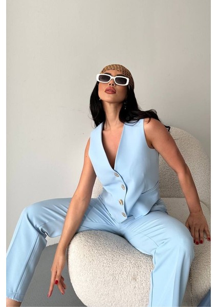 Kadın Alt Üst Takım Şık Gold Düğme Detaylı V Yaka Yelek Pantolon Takım indirimleri