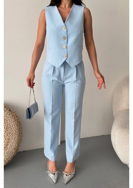 Kadın Alt Üst Takım Şık Gold Düğme Detaylı V Yaka Yelek Pantolon Takım
