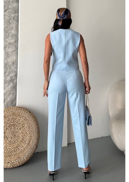 Kadın Alt Üst Takım Şık Gold Düğme Detaylı V Yaka Yelek Pantolon Takım