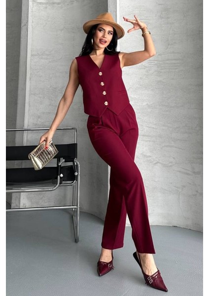 Kadın Alt Üst Takım Şık Gold Düğme Detaylı V Yaka Yelek Pantolon Takım