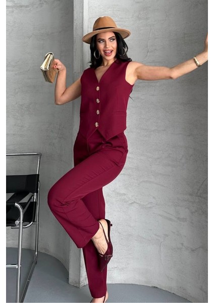 Kadın Alt Üst Takım Şık Gold Düğme Detaylı V Yaka Yelek Pantolon Takım fiyatları