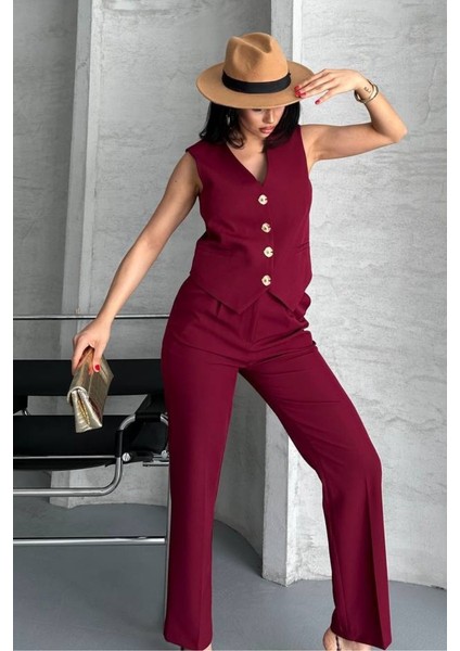 Kadın Alt Üst Takım Şık Gold Düğme Detaylı V Yaka Yelek Pantolon Takım modelleri