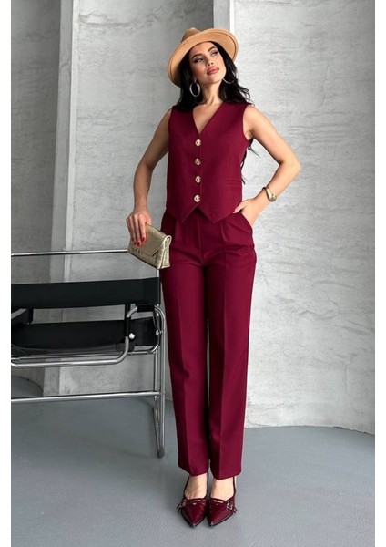 Kadın Alt Üst Takım Şık Gold Düğme Detaylı V Yaka Yelek Pantolon Takım fırsatları