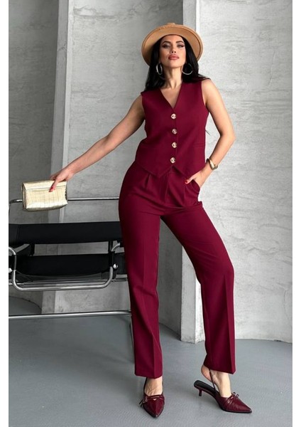 Kadın Alt Üst Takım Şık Gold Düğme Detaylı V Yaka Yelek Pantolon Takım indirimleri