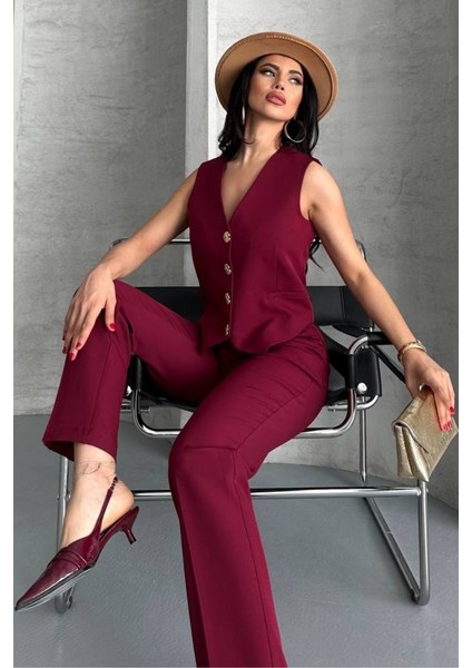 Kadın Alt Üst Takım Şık Gold Düğme Detaylı V Yaka Yelek Pantolon Takım