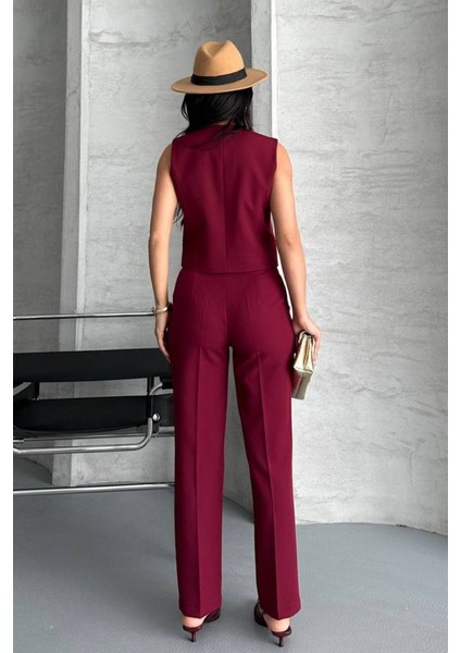 Kadın Alt Üst Takım Şık Gold Düğme Detaylı V Yaka Yelek Pantolon Takım