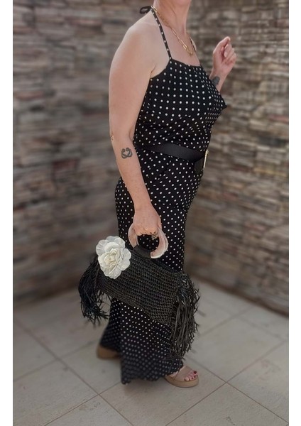 Siyah El Örgüsü Hasır Çanta- Çiçek Detaylı Bohem Stil