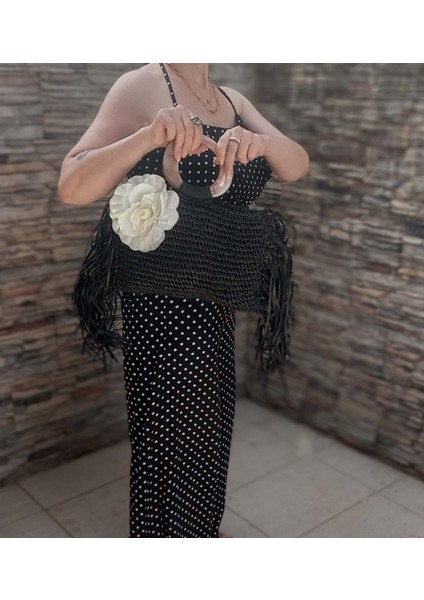 Siyah El Örgüsü Hasır Çanta- Çiçek Detaylı Bohem Stil modelleri